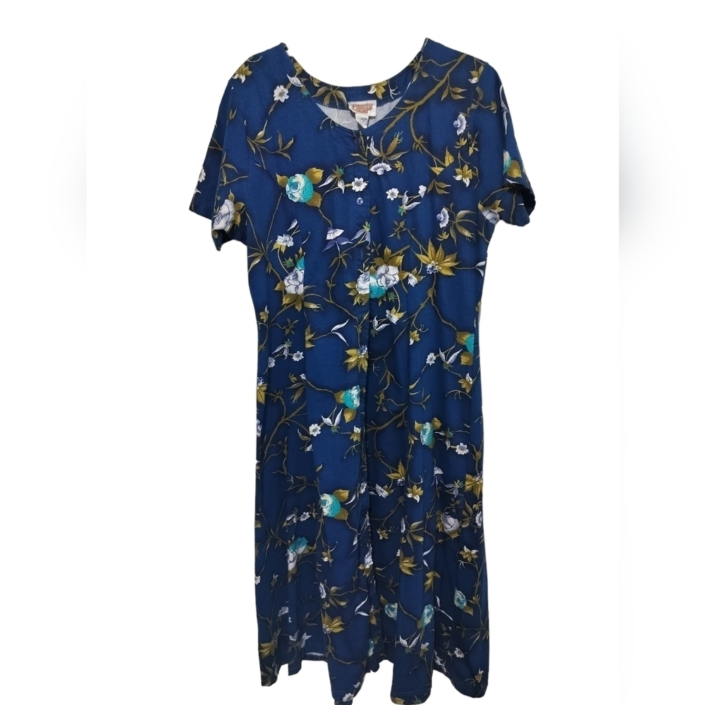 1707)Peachy Plus Blue Floral Print Short Sleeve Button down Cotton Dress Plus 2X